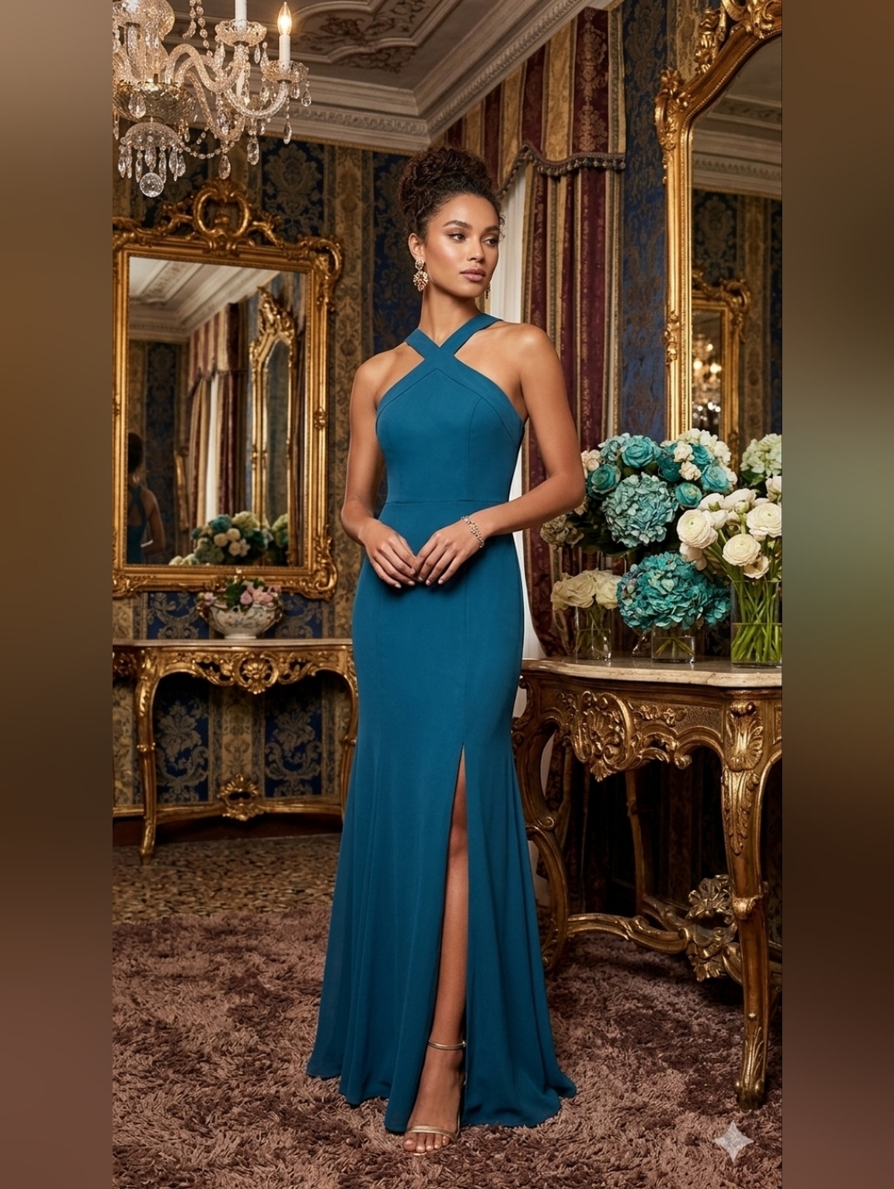 🎀Azazie Teal Cross-Strap Maxi Gown RUE